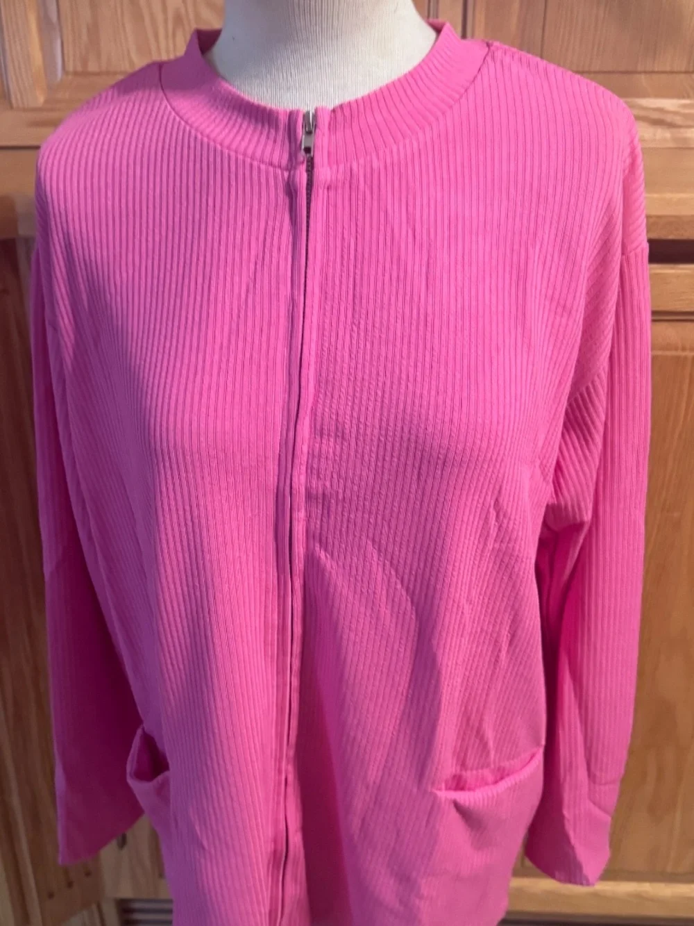 Women's Pink Ribbed Large Long Sleeve Zip Up Sweater With Pockets Classic Casual